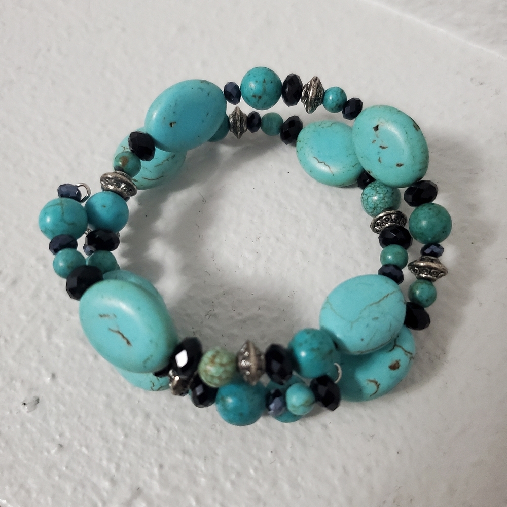 Turquoise & Black Beaded Wire Wrap Bracelet Boho Stretch Statement Bracelet